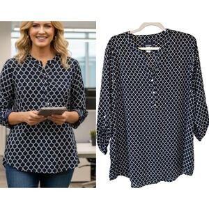 Basic Editions Womens XXL Tunic Top Navy Blue White Geometric 3/4 Sleeve